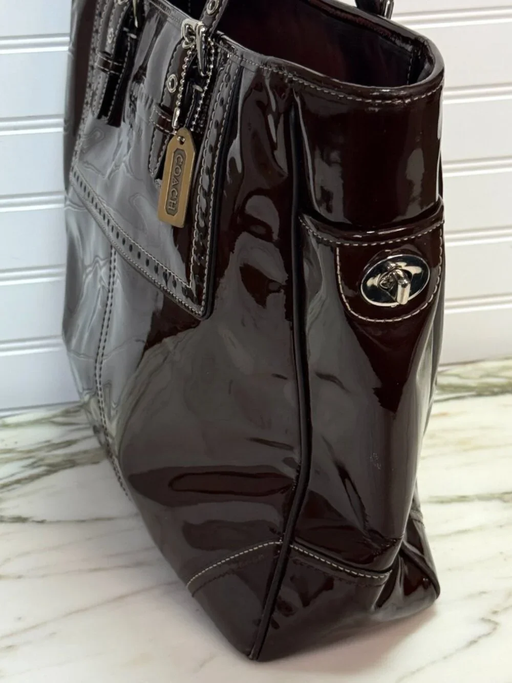 Coach Mahogany Patent Leather Gallery Tote Shoulder Bag Zip Top Large - Picture 2 of 8